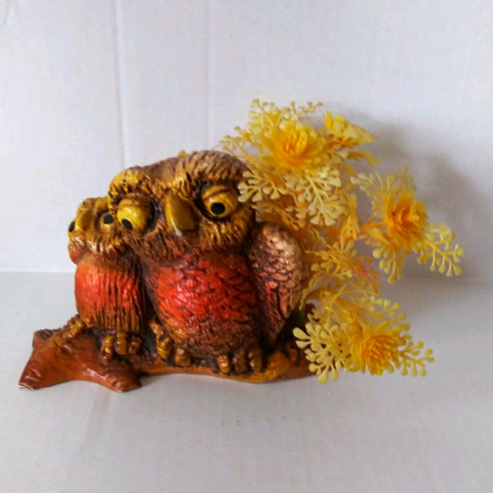 Handcrafted Orange Owl Figurine Planter with Yellow Floral Accent